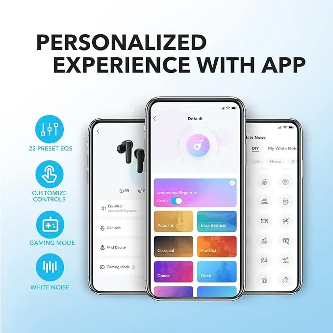 Soundcore P20i — app companion con 22 preset EQ, controlli personalizzabili, modalità gaming e rumore bianco