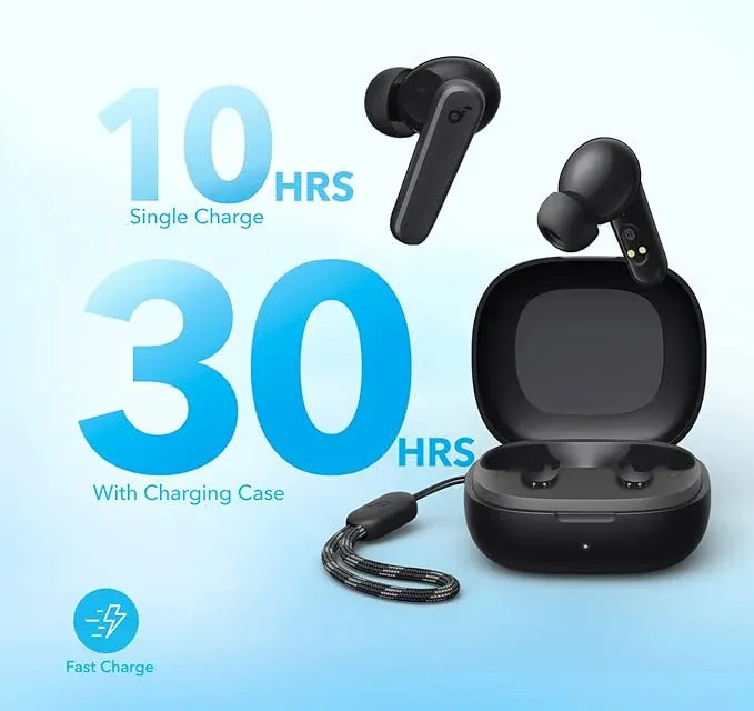 Soundcore P20i — grafica autonomia 10 ore per carica e 30 ore totali con custodia