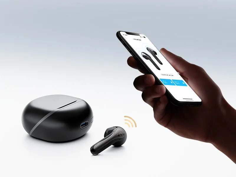 SoundPEATS Air5 Lite — app SoundPEATS su smartphone con custodia accanto